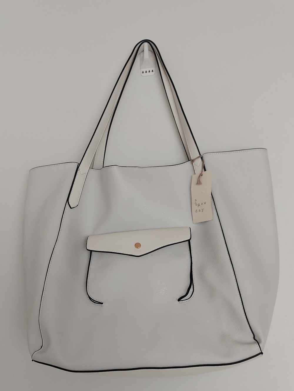 a new day White Tote with Black Trim and Front Pocket